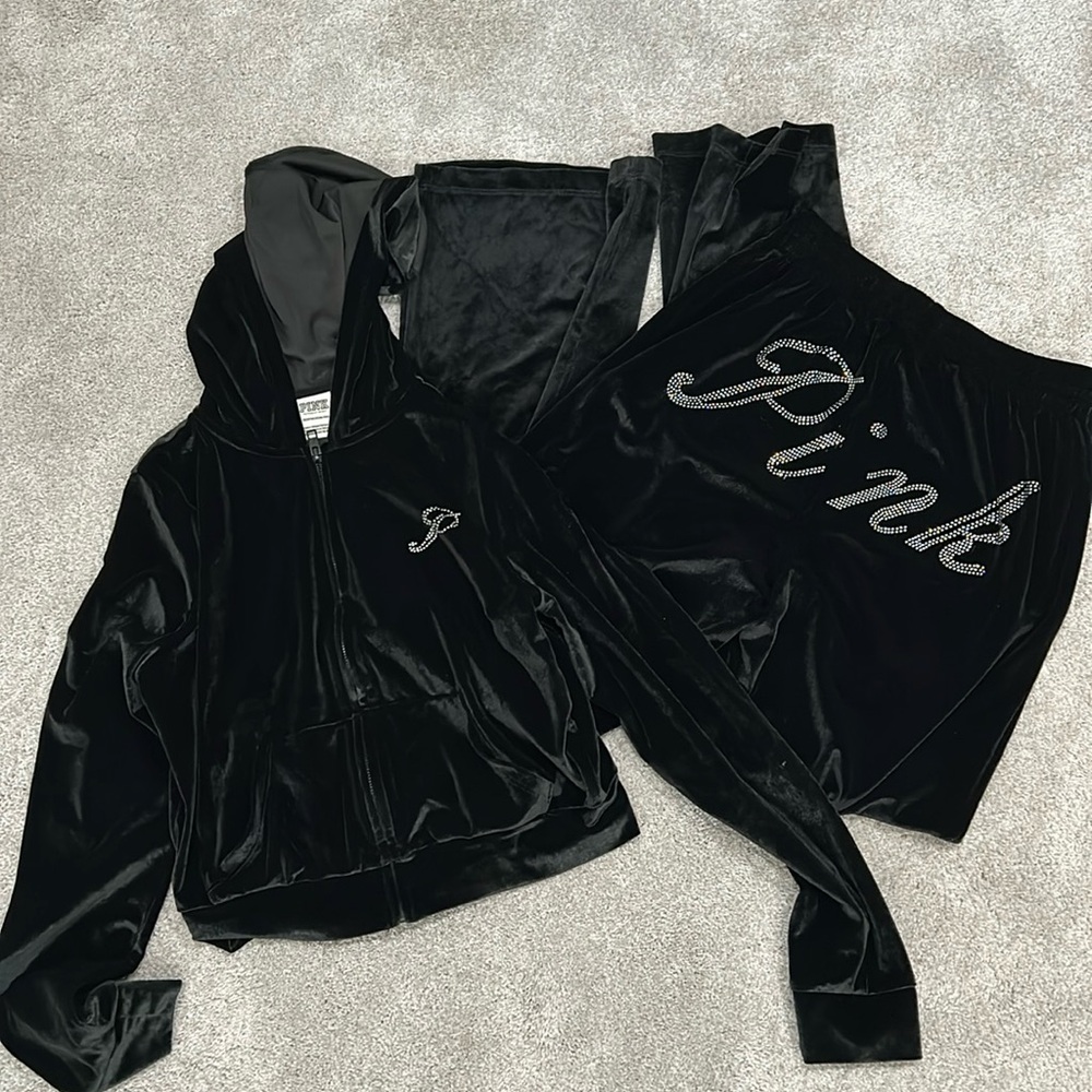 Pink black velour crystal matching set